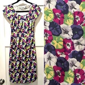 Boden Woman's Silk Cap Sleeve Vibrant Pansies Knee Length Dress Size 4 R
